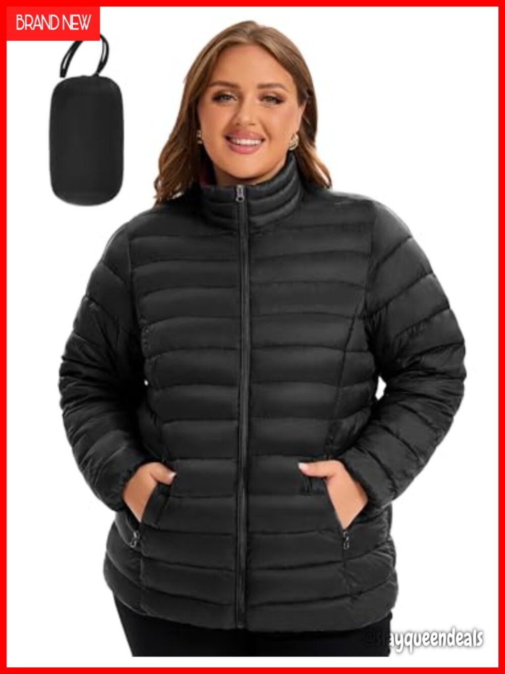 Plus Size Packable Down Alternative Puffer Jacket Windproof Stand Collar